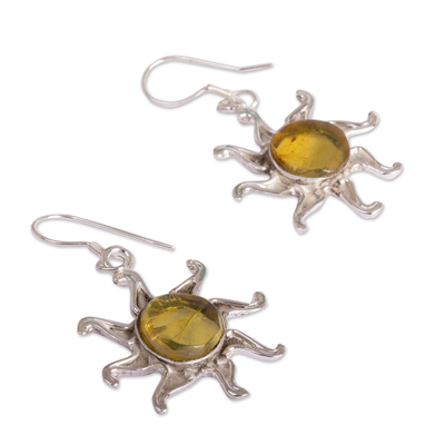 Amber dangle earrings, 'Ancient Suns' - Sun-Themed Amber Dangle Earrings from Mexico