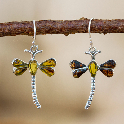 Amber dangle earrings, 'Age-Old Dragonflies' - Amber Dragonfly Dangle Earrings from Mexico