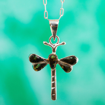 Halskette mit Bernsteinanhänger - Bernstein-Libellen-Anhänger-Halskette aus Mexiko