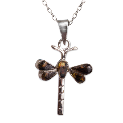 Amber pendant necklace, 'Age-Old Dragonflies' - Amber Dragonfly Pendant Necklace from Mexico