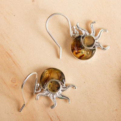 Amber dangle earrings, 'Eclipse Bucklers' - Sun Eclipse Amber Dangle Earrings from Mexico