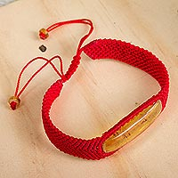 Amber wristband bracelet, 'Age-Old Elegance in Crimson' - Amber Wristband Bracelet with Crimson Cord from Mexico