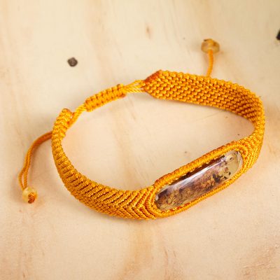 Amber wristband bracelet, 'Age-Old Elegance in Saffron' - Amber Wristband Bracelet with Saffron Cord from Mexico