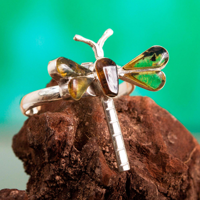 Amber wrap ring, 'Age-Old Dragonfly' - Amber Dragonfly Wrap Ring from Mexico
