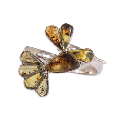 Amber wrap ring, 'Golden Wren' - Bird-Themed Wrap Ring Crafted in Mexico