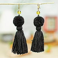 Amber dangle earrings, 'Ancient Pompoms in Jet' - Amber Dangle Earrings with Jet Black Cotton Pompoms