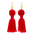 Amber dangle earrings, 'Ancient Pompoms in Poppy' - Amber Dangle Earrings with Claret Cotton Pompoms (image 2a) thumbail