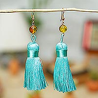 Amber dangle earrings, 'Ancient Tassels in Aqua' - Amber Dangle Earrings with Aqua Tassels from Mexico