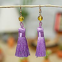 Amber dangle earrings, 'Ancient Tassels in Lilac' - Amber Dangle Earrings with Purple Tassels from Mexico