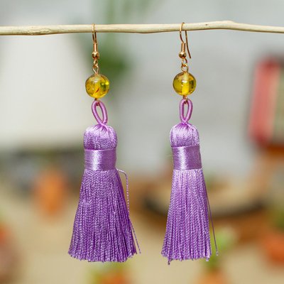 Amber dangle earrings, Ancient Tassels in Lilac