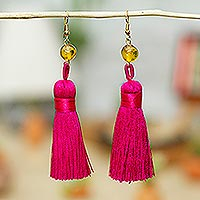 Amber dangle earrings, 'Ancient Tassels in Cerise' - Amber Dangle Earrings with Cerise Tassels from Mexico