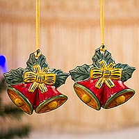 Ceramic ornaments, 'Passionate Bells' (pair) - Hand-Painted Red and Yellow Ceramic Bell Ornaments (Pair)