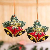 Ceramic ornaments, 'Crimson Bells' (pair) - Hand-Painted Crimson Ceramic Bell Ornaments (Pair)