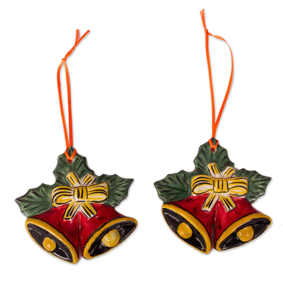 Ceramic ornaments, 'Crimson Bells' (pair) - Hand-Painted Crimson Ceramic Bell Ornaments (Pair)