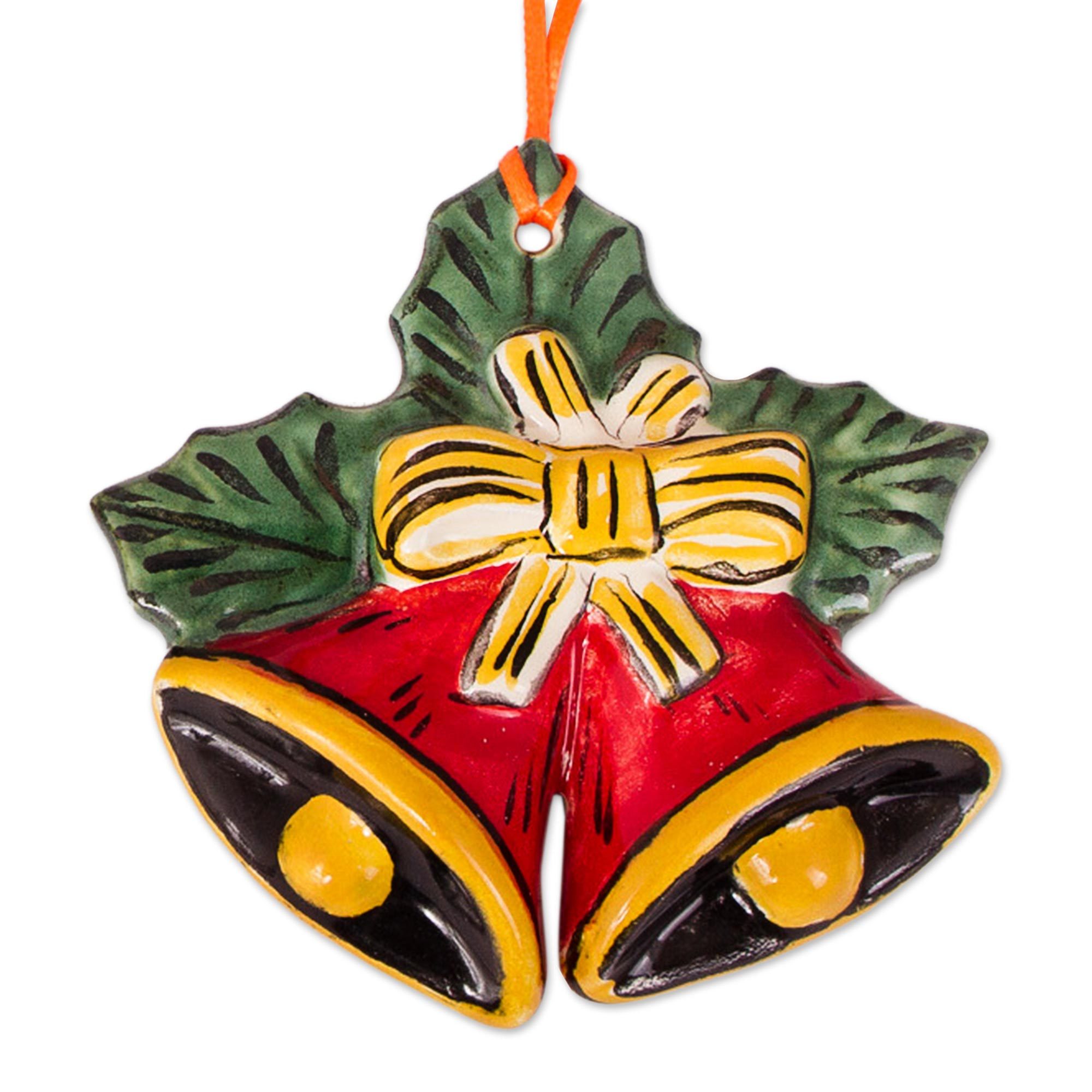 UNICEF Market HandPainted Crimson Ceramic Bell Ornaments (Pair