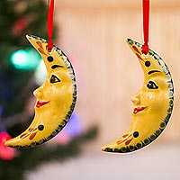 Ceramic ornaments, 'Bright Moons' (pair) - Hand-Painted Yellow Ceramic Moon Ornament Pair