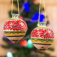 Ceramic ornaments, 'Holiday Baubles' (pair) - Hand-Painted Ceramic Bauble Ornaments in Red (Pair)