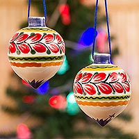 Ceramic ornaments, 'Vibrant Baubles' (pair) - Artisan Crafted Ceramic Bauble Ornaments from Mexico (Pair)