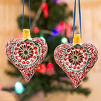 Ceramic ornaments, 'Majestic Heart' (pair) - Hand-Painted Heart-Shaped Ceramic Ornaments (Pair)