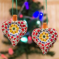 Ceramic ornaments, 'Vibrant Heart' (pair) - Artisan Crafted Heart-Shaped Ceramic Ornament Pair