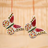 Ceramic ornaments, 'Fiery Butterflies' (pair) - Maiolica Ceramic Butterfly Ornaments from Mexico (Pair)