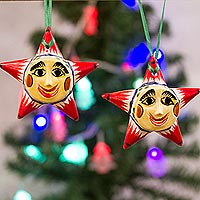 Ceramic ornaments, 'Starry Passion' (pair) - Ceramic Star Ornaments with Red Tips from Mexico