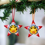 Ceramic ornaments, 'Starry Passion' (pair) - Ceramic Star Ornaments with Red Tips from Mexico