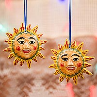 Ceramic ornaments, 'Young Sun' (pair) - Festive Ceramic Sun Ornament Pair from Mexico