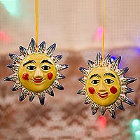 Ceramic ornaments, 'Bright Suns' (pair) - Ceramic Sun Ornaments in Yellow from Mexico (Pair)
