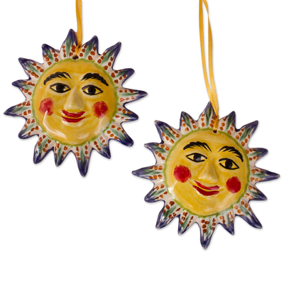 Ceramic Sun Ornaments in Yellow from Mexico (Pair)