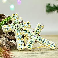 Ceramic ornaments, 'Cross of Spring' (pair) - Hand-Painted Ceramic Cross Ornaments from Mexico