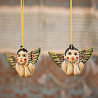 Ceramic ornaments, 'Rosy-Cheeked Angels' (pair) - Ceramic Angel Ornaments Crafted in Mexico (Pair)