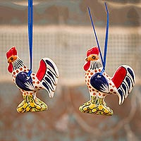 Ceramic ornaments, 'Proud Roosters' (pair) - colourful Ceramic Rooster Ornaments from Mexico (Pair)