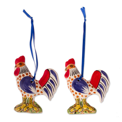 Ceramic ornaments, 'Proud Roosters' (pair) - colourful Ceramic Rooster Ornaments from Mexico (Pair)