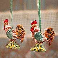 Ceramic ornaments, 'Holiday Roosters' (pair) - Maiolica Ceramic Rooster Ornaments from Mexico (Pair)