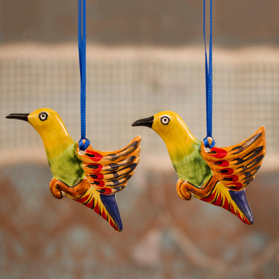 Ceramic ornaments, 'Colorful Hummingbirds' (pair) - Colorful Ceramic Hummingbird Ornaments from Mexico (Pair)