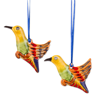 Ceramic ornaments, 'Colorful Hummingbirds' (pair) - Colorful Ceramic Hummingbird Ornaments from Mexico (Pair)