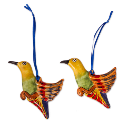 Ceramic ornaments, 'colourful Hummingbirds' (pair) - colourful Ceramic Hummingbird Ornaments from Mexico (Pair)
