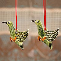 Ceramic ornaments, 'Verdant Hummingbirds' (pair) - Ceramic Hummingbird Ornaments in Green from Mexico (Pair)