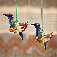 Ceramic ornaments, 'Elegant Hummingbirds' (pair) - Artisan Crafted Ceramic Hummingbird Ornament Pair