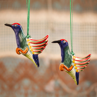 Ceramic ornaments, 'Elegant Hummingbirds' (pair) - Artisan Crafted Ceramic Hummingbird Ornaments (Pair)
