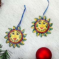 Ceramic ornaments, 'Fantastic Suns' (pair) - Artisan Crafted Ceramic Sun Ornament Pair from Mexico