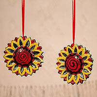 Ceramic ornaments, Holiday Sunflowers (pair)