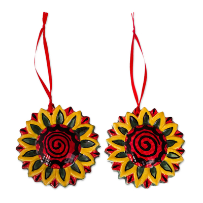 Ceramic ornaments, 'Holiday Sunflowers' (pair) - Artisan Crafted Ceramic Sunflower Ornaments (Pair)