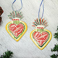 Ceramic ornaments, 'Sacred Hearts' (pair) - Hand-Painted Ceramic Sacred Heart Ornament Pair