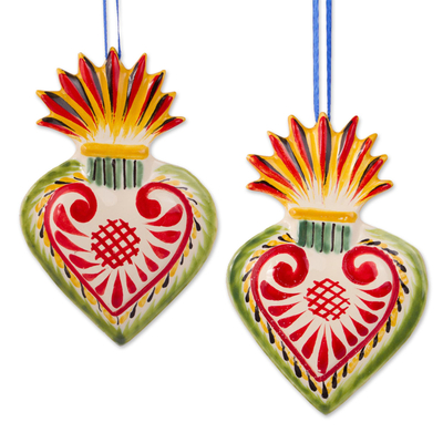 Ceramic ornaments, 'Flaming Hearts' (pair) - Flaming Heart Ceramic Ornaments from Mexico (Pair)