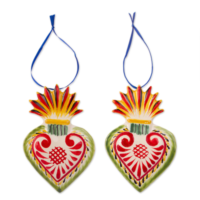 Ceramic ornaments, 'Flaming Hearts' (pair) - Flaming Heart Ceramic Ornaments from Mexico (Pair)