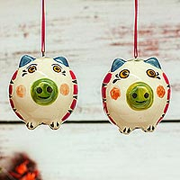 Ceramic ornaments, 'Holiday Pigs' (pair) - Hand-Painted Ceramic Pig Ornament Pair from Mexico