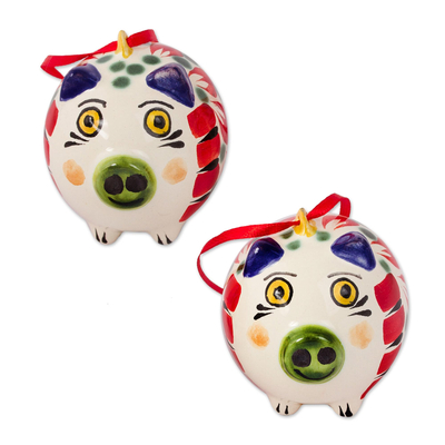 Ceramic ornaments, 'Holiday Pigs' (pair) - Hand-Painted Ceramic Pig Ornaments from Mexico (Pair)