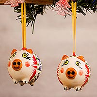 Ceramic ornaments, 'Cool Pigs' (pair) - Blue and Green Ceramic Pig Ornaments from Mexico
